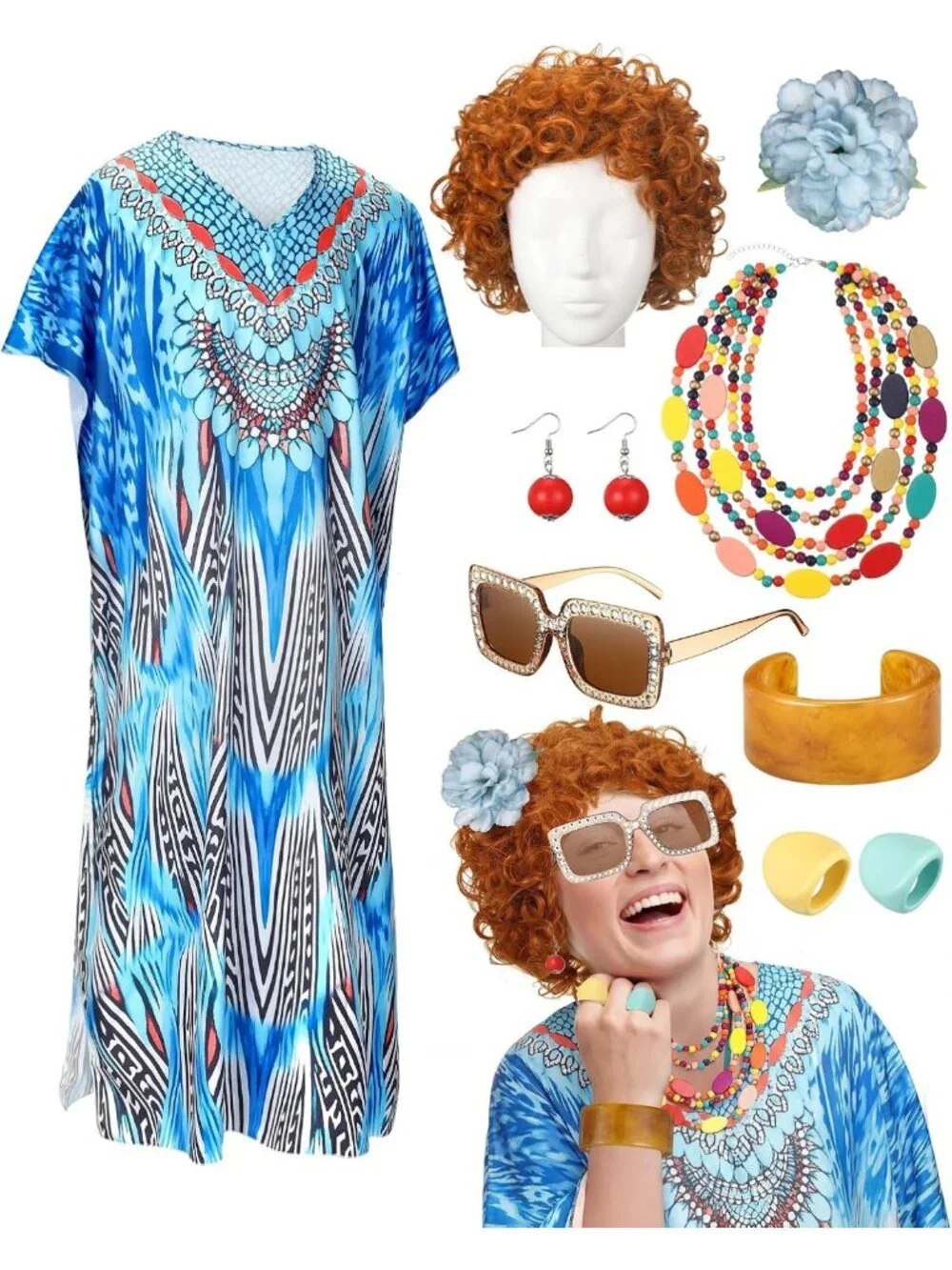 Chic Landlady Costume Set: Caftan Dress, Curly Wig, Jewelry & Sunglasses for